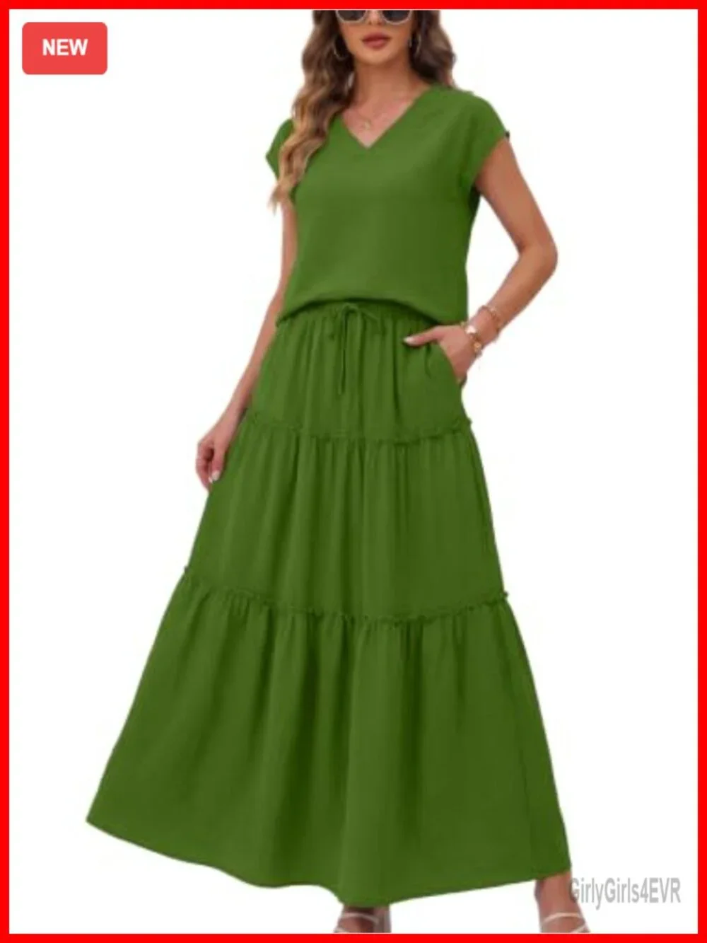 2 Piece Maxi Skirt Set V Neck Top Flowy Office Casual Outfit
